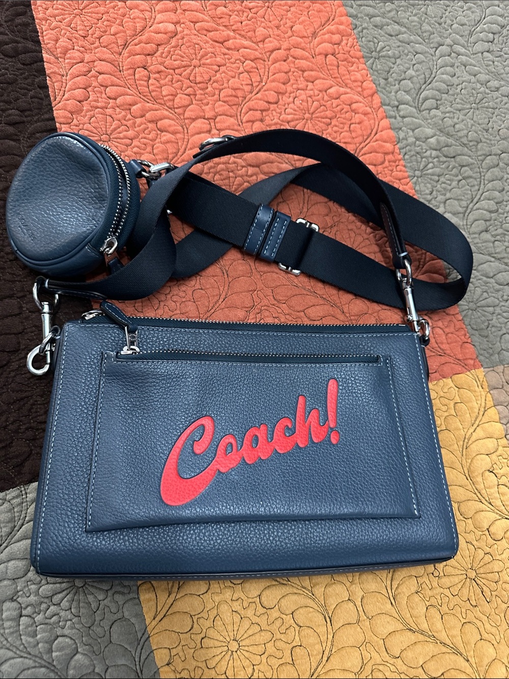 Coach Holden Navy Leather Crossbody Bag with Red Logo